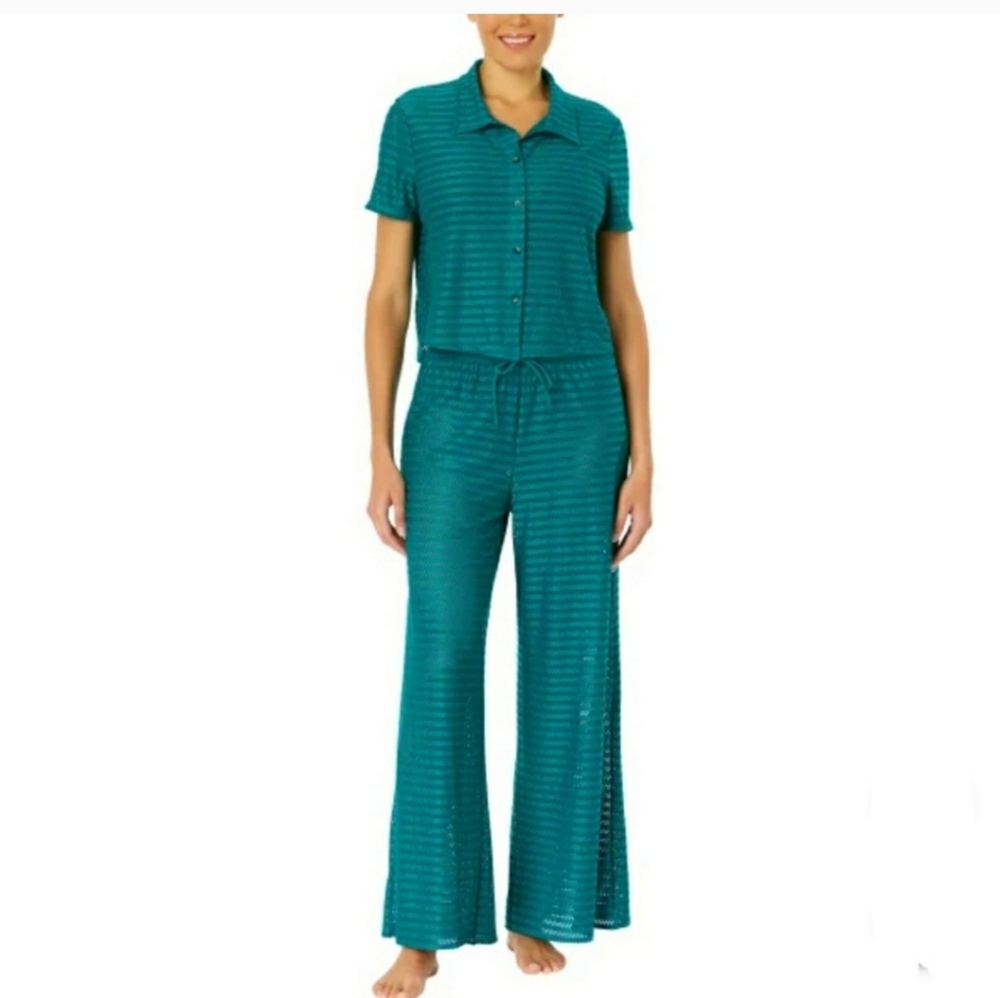 Hurley Women's S Wide Leg Mesh Swim Cover Up Pant + Button Up Top Set Green NWT